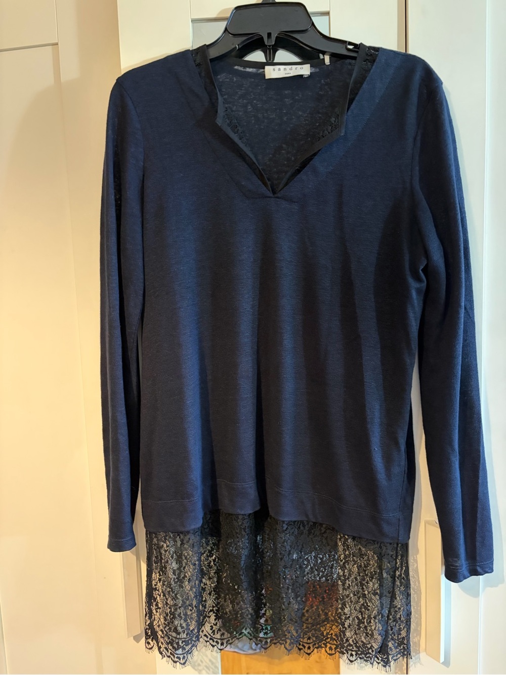 Sandro Linen Navy V-Neck Long Sleeve Top with Lace Hem